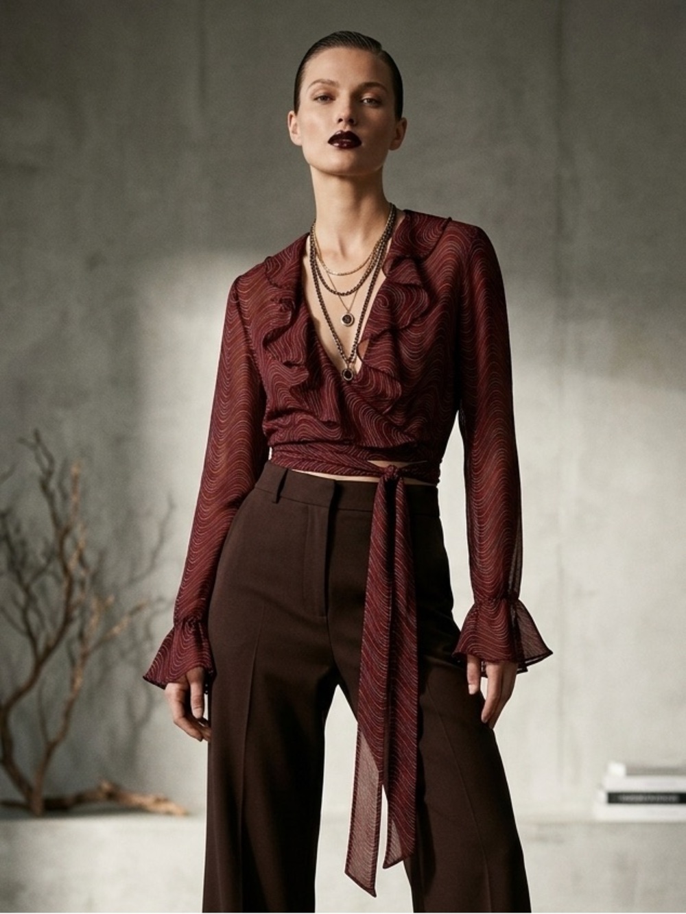 Franco Mirabelli Y2K Sheer Ruffled Wraparound Blouse Burgundy Pattern XS